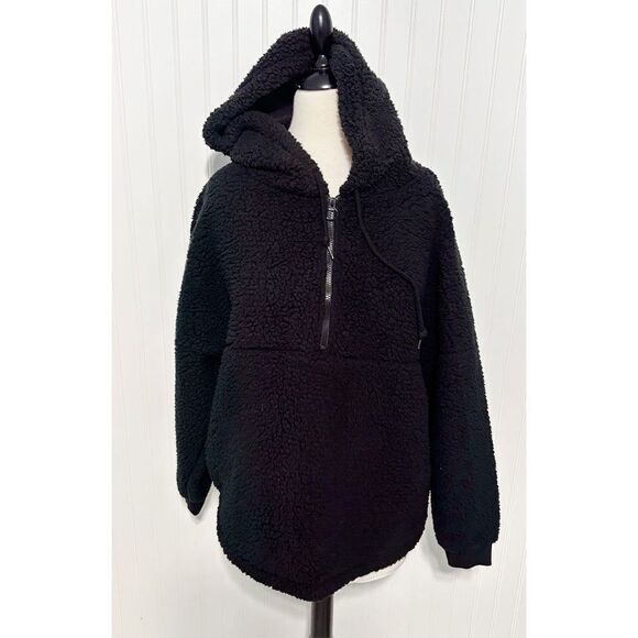 Victoria’s Secret Pink Women's Half Zip Pullover Sherpa Hoodie Black Size Medium - Picture 1 of 12